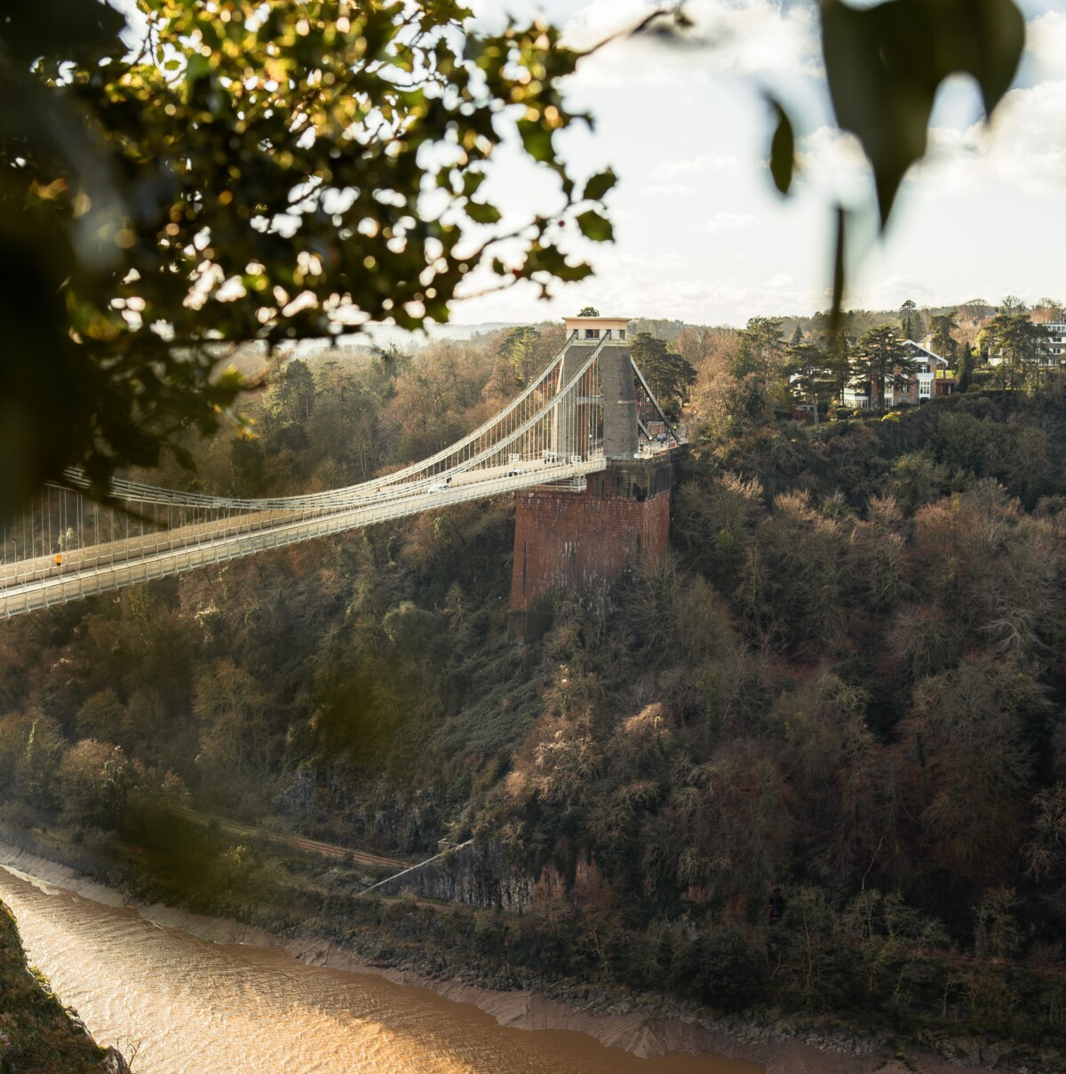A suspension bridge over a river