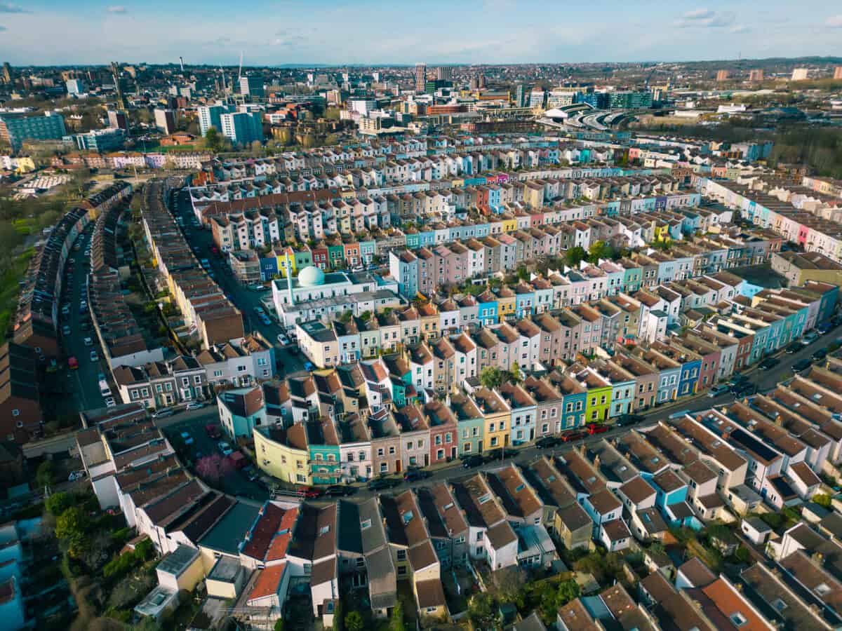 View of Bristol from the air showing characteristic rows of colourful houses.