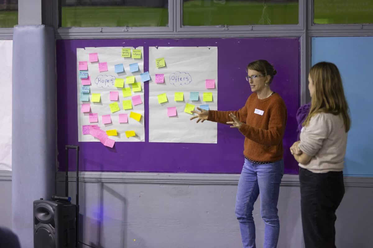 Two women stand in front of a wall with two pieces of paper pinned up. The pieces of paper are labelled 'hopes' and 'offered' and are covered with brighly coloured post-its.