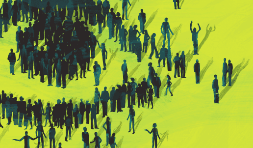 Illustration of many people stood around, their positions form the shape of an eye