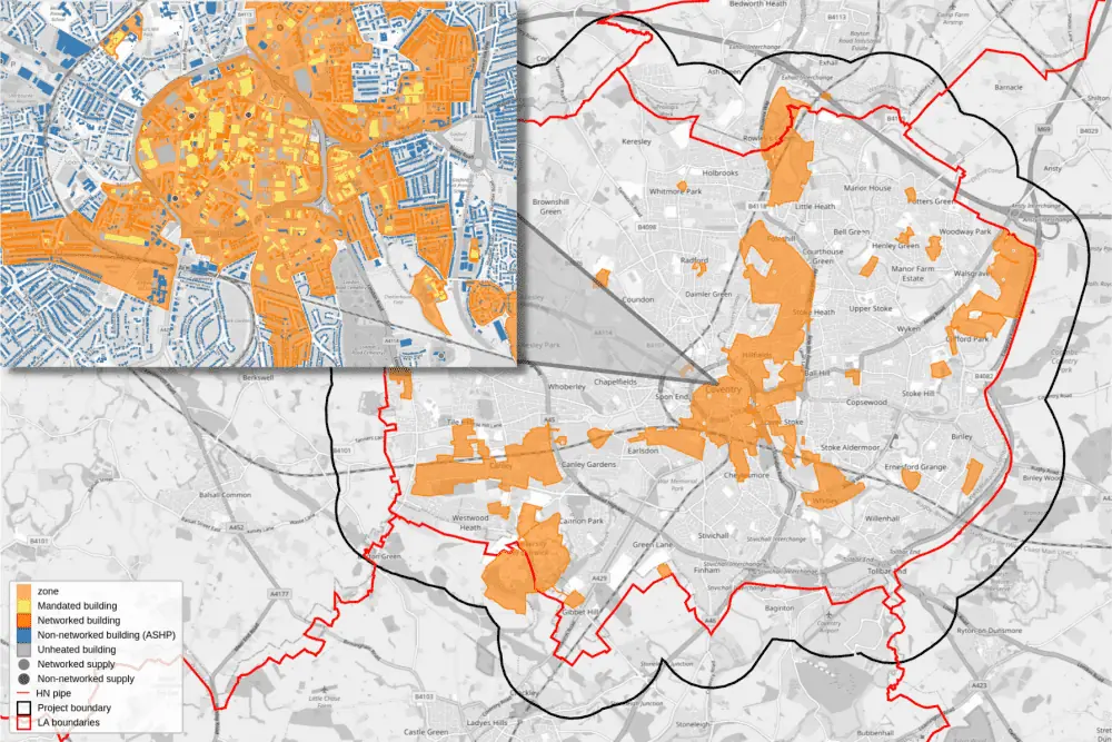 A map of Coventry showing heat networks