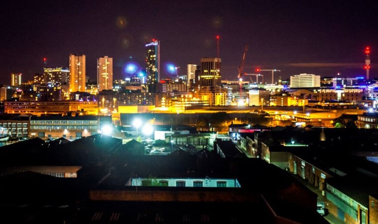 Birmingham city skyline, UK, at nighttime