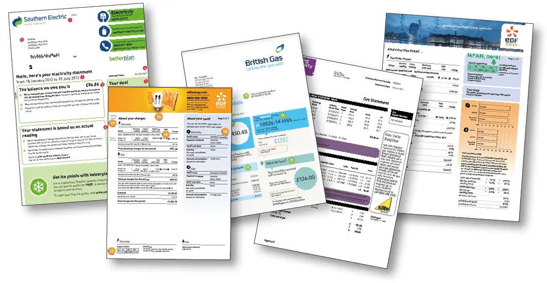 Gas and electricity bills from different suppliers