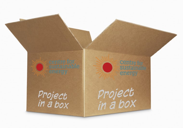 A cardboard box with the Centre for Sustainable Energy logo and 'Project in a box' written on the side