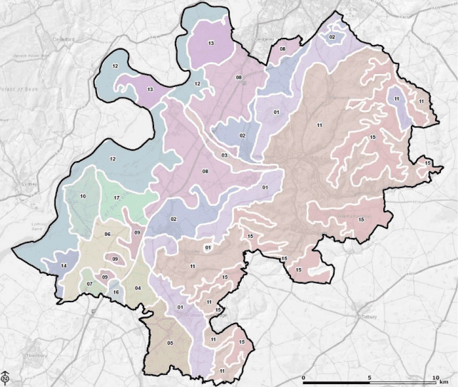 A map showing areas of landscape sensitivity in Stroud district council area.