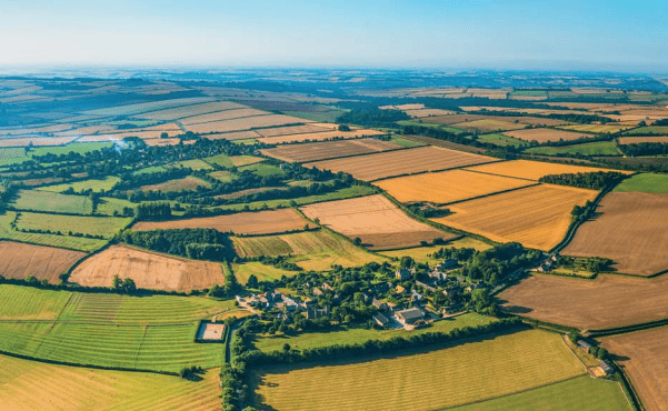 A birds-eye view of English countryside.