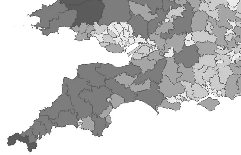 A map of South West England and South Wales showing parliamentary constituencies