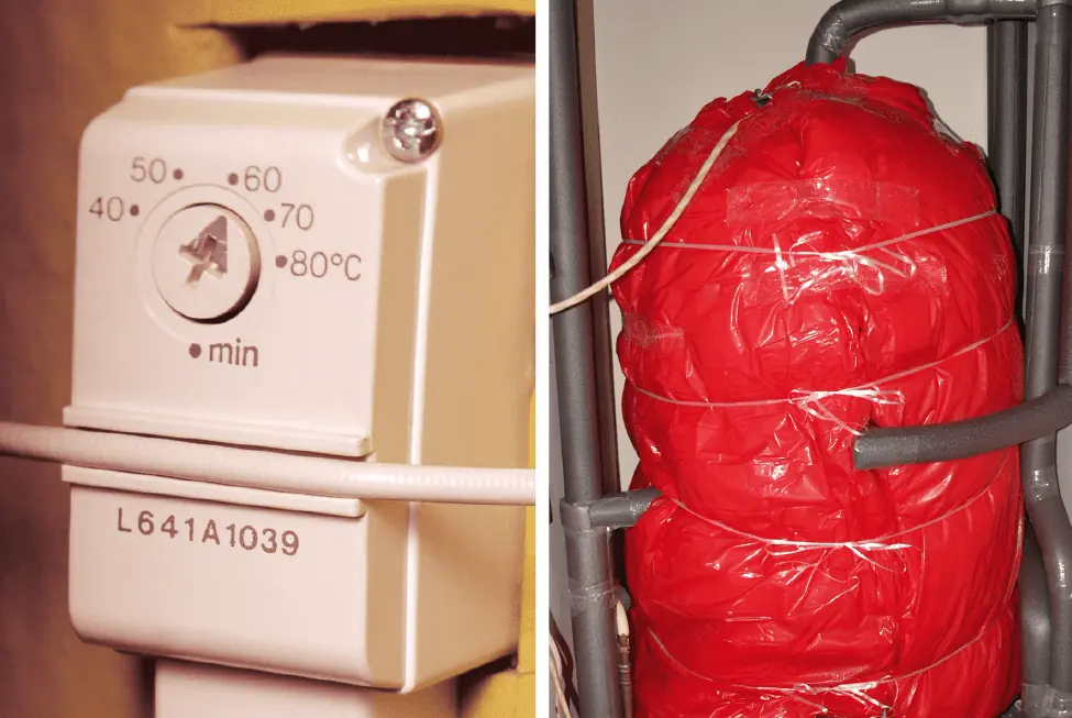 A montage images showing a hot water tank and a close up of a hot water tank thermostat