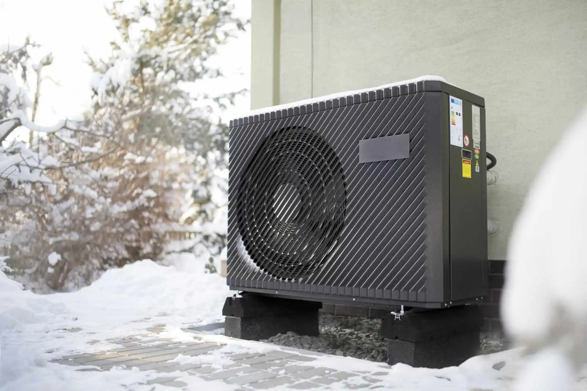 An air source heat pump standing beside a house with snow on the ground.