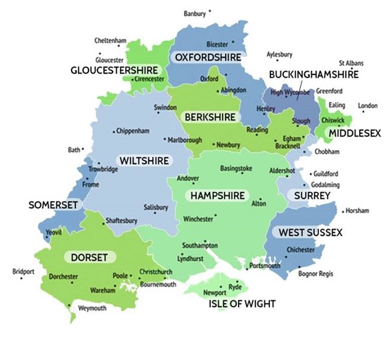 Map of section of the UK showing network coverage area of SSEN. It shows Wiltshire, West susses, Dorset, isle of white, surrey, Middlesex, somerset Hampshire, Buckinghamshire , Oxfordshire and Gloucestershire