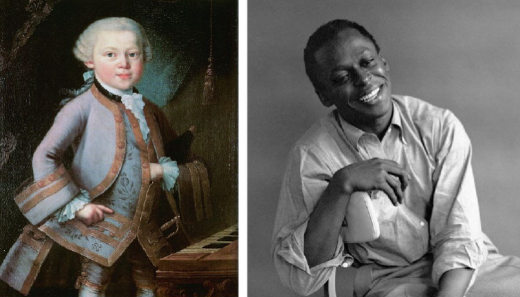 Portraits of the composer Mozart as a young boy and jazz musician Miles Davis