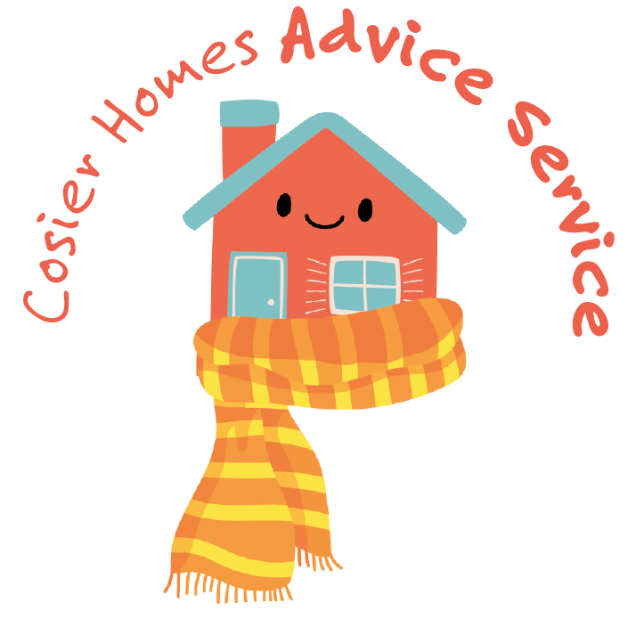 Cosier Homes logo - a friendly drawing of a house wearing a woollen scarf