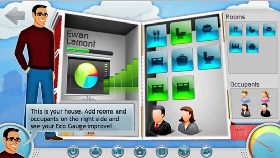 A screenshot from an online game. A cartoon man surrounded by charts showing the energy levels of various rooms in his home. There are options to select different rooms and occupants.