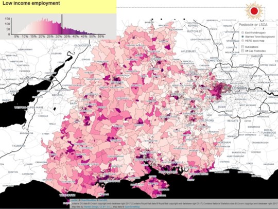 A map of south west England, with regions coloured in varying shades of pink.