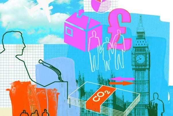 A graphic with outlines of big ben, £ signs, houses, cash labelled CO2 and people, in a mix of blues, greens and pinks.