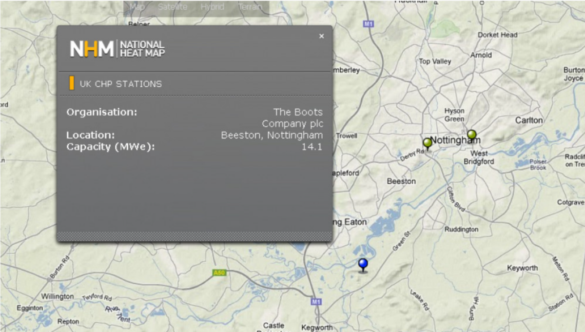A map of Nottingham with two pins near the city centre. A grey text box shows the name and address of the Boots Company ltd.