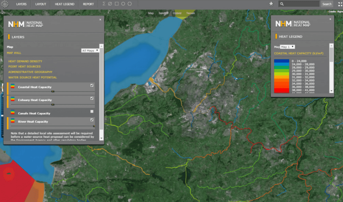 A satellite map with multicoloured lines drawn over it. Grey boxes contain a map legend and sliders controlling coastal heat capacity, estuary heat capacity, canals heat capacity and rivers heat capacity.
