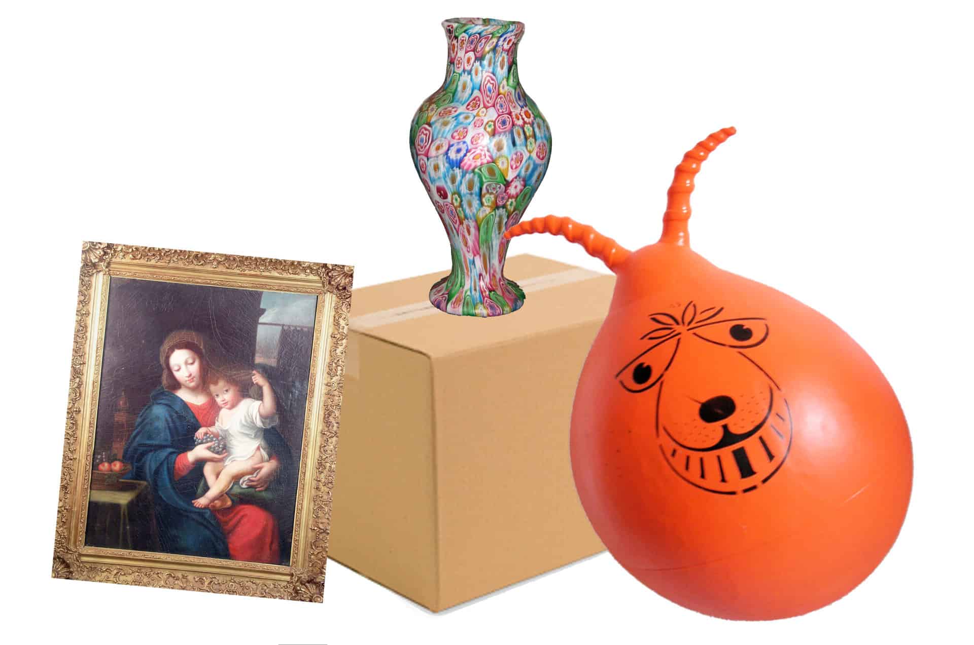 A collection of random objects that might be found in an attic: a space hopper, a hideous vase, a cardboard box and an oil painting of the Madonna and Child.
