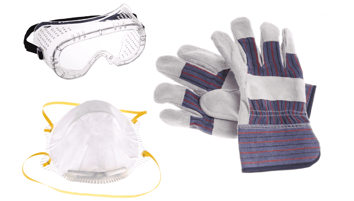 Plastic googles, a face mask and a pair of work gloves.