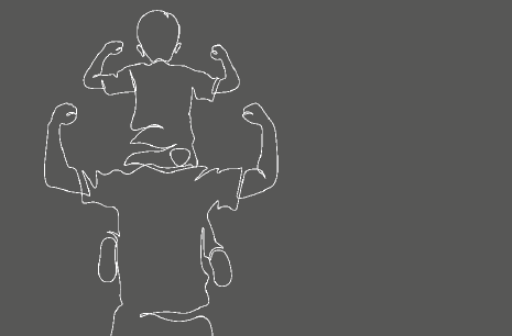 Line drawing of a man with a child on his shoulders, both with arms raised in triumph.