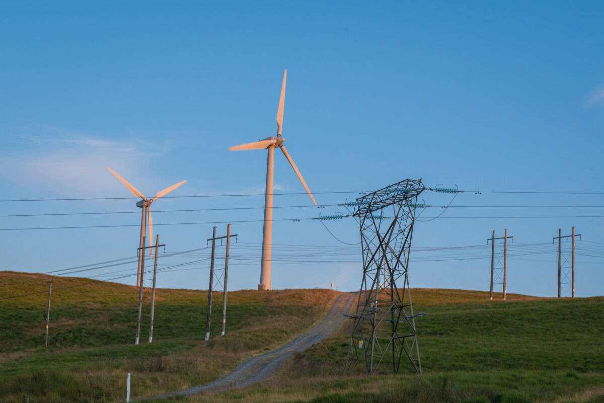wind turbines and power lines on a grassy hill at sunset