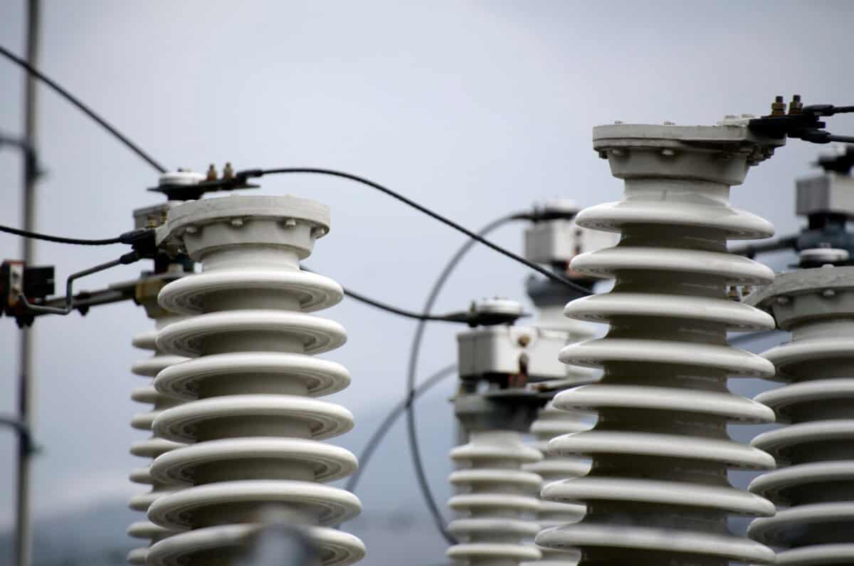 Close up of ceramic insulators at an electricity substation