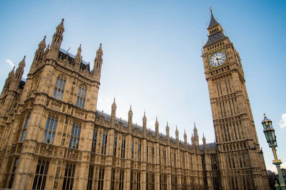 Big Ben clock tower and Houses of Parliament in London.