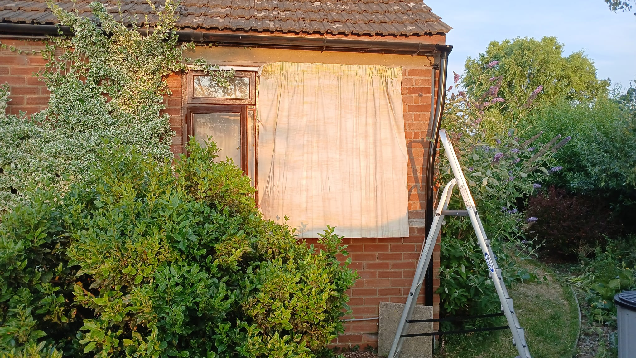 A house with a curtain hanging across the outside of the window.